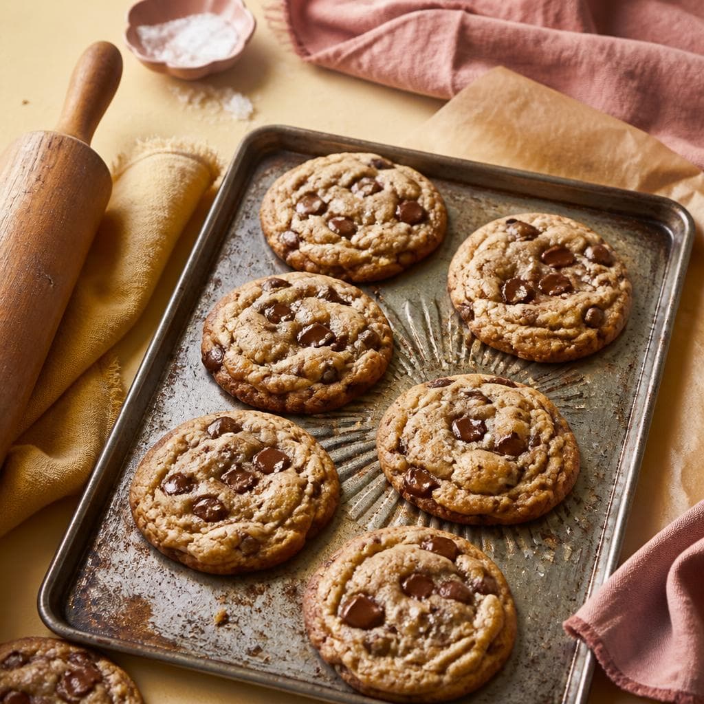Brown butter chocolate chip cookies on a baking tray