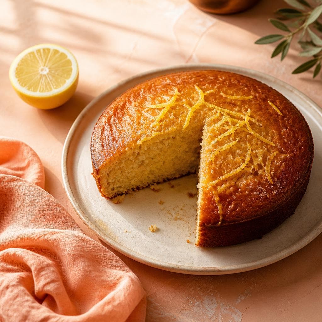 A slice of lemon olive oil cake on a ceramic plate
